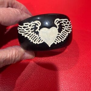 Retired JKC For Trish McEvoy Black WINGED HEART Cuff Bracelet 6 1/2" -1" gap